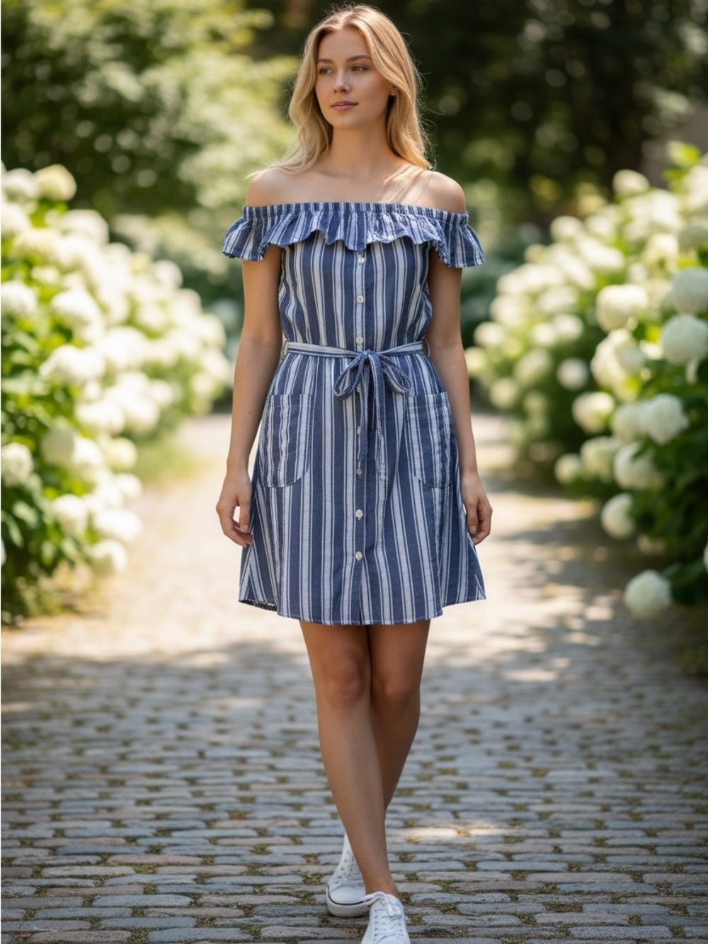 Vivi by Violet Weekend Cotton Navy Blue stripe Button Front Midi dress Medium